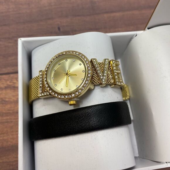 MACY’S CUBIC ZIRCONIA GOLD “LOVE” WATCH WITH BLACK BRACELET COMBO W19 - Picture 3 of 4